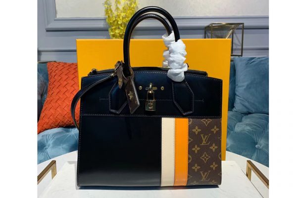 Replica Louis Vuitton M55433 LV City Steamer PM handbags Black/Yellow/Beige Calf leather and Monogram Canvas