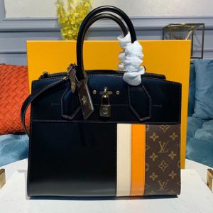 Replica Louis Vuitton M55433 LV City Steamer MM handbags Black/Yellow/Beige Calf leather and Monogram Canvas