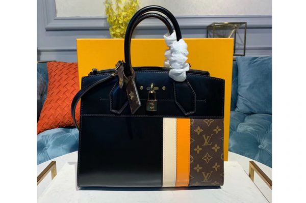 Replica Louis Vuitton M55433 LV City Steamer MM handbags Black/Yellow/Beige Calf leather and Monogram Canvas