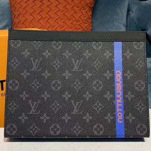 Replica Louis Vuitton M61692 LV Pochette Voyage MM Bags Monogram Eclipse Canvas With Blue Leather