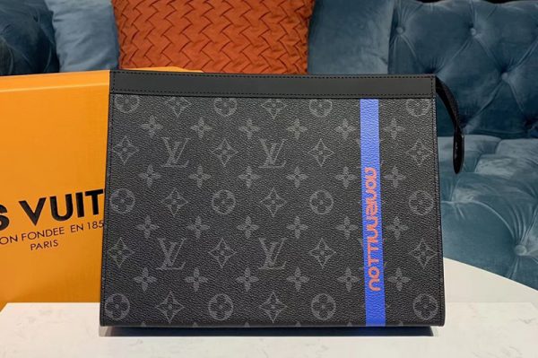 Replica Louis Vuitton M61692 LV Pochette Voyage MM Bags Monogram Eclipse Canvas With Blue Leather