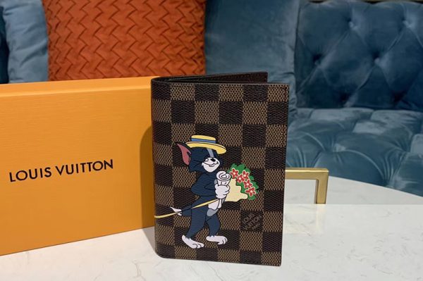 Replica Louis Vuitton M64411 LV Passport Cover Wallet Damier Ebene Canvas With Tom And Jerry