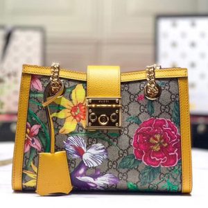 Replica Gucci 498156 Padlock GG Flora small shoulder bags Beige/ebony GG Supreme canvas With Yellow leather