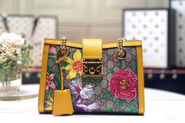 Replica Gucci 498156 Padlock GG Flora small shoulder bags Beige/ebony GG Supreme canvas With Yellow leather