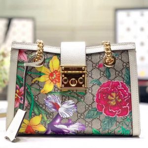 Replica Gucci 498156 Padlock GG Flora small shoulder bags Beige/ebony GG Supreme canvas With White leather