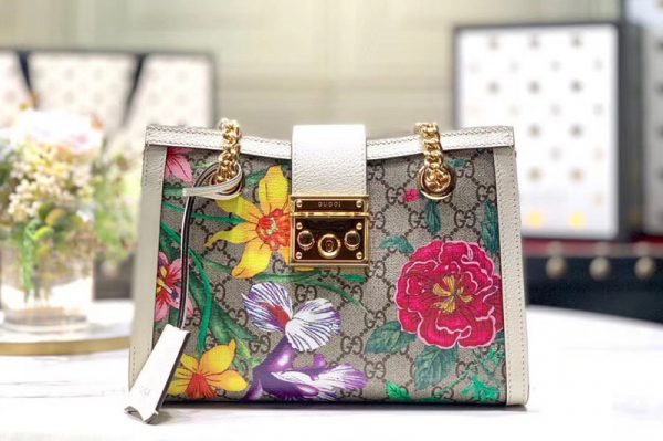 Replica Gucci 498156 Padlock GG Flora small shoulder bags Beige/ebony GG Supreme canvas With White leather