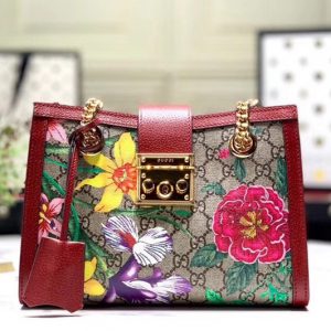 Replica Gucci 498156 Padlock GG Flora small shoulder bags Beige/ebony GG Supreme canvas With Red leather