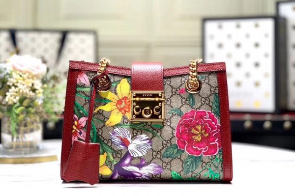 Replica Gucci 498156 Padlock GG Flora small shoulder bags Beige/ebony GG Supreme canvas With Red leather