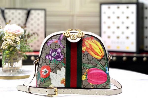 Replica Gucci 499621 Ophidia GG Flora small shoulder bag Beige/ebony GG Supreme canvas with Flora print