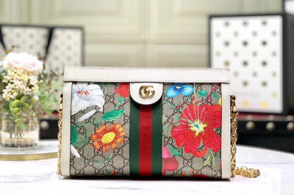 Replica Gucci ‎503877 Ophidia GG Flora small shoulder bag Beige/ebony GG Supreme canvas with Flora print