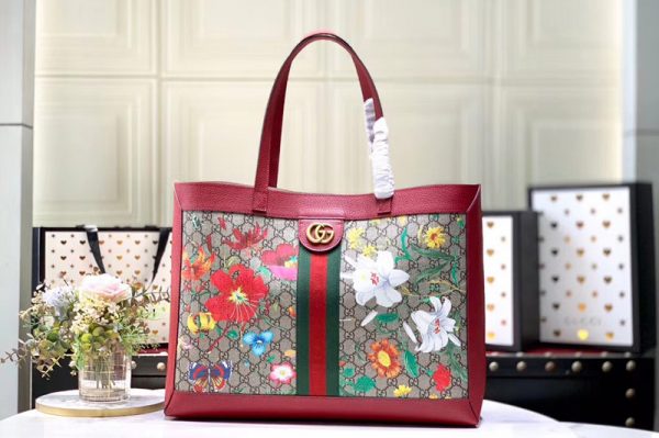 Replica Gucci 547947 Ophidia GG Flora medium tote bag Beige/ebony GG Supreme canvas with Flora print