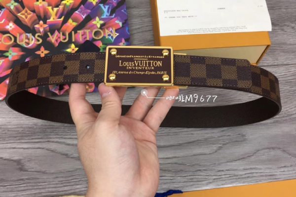 Replica Louis Vuitton M9677 LV Neo Inventeur Reversible 35mm Belts Damier Ebene Canvas Gold Buckle