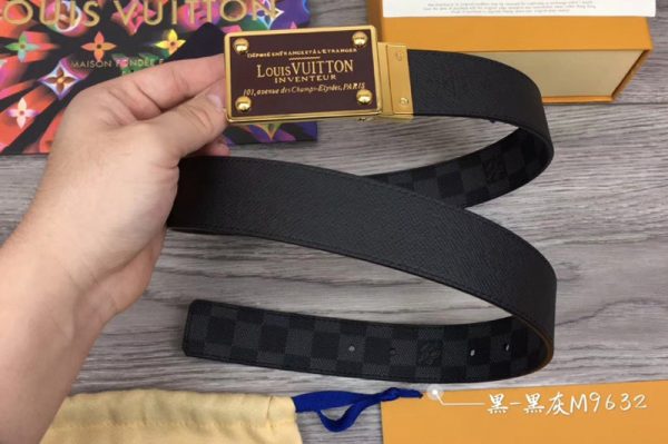 Replica Louis Vuitton M9632 LV Neo Inventeur Reversible 35mm Belts Damier Graphite Canvas Gold Buckle