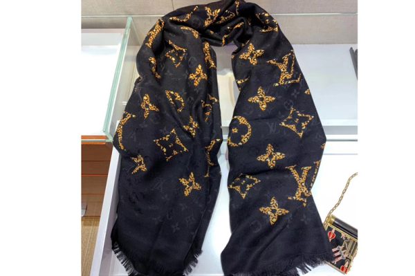 Replica Louis Vuitton M75882 LV Monogram Giant Jungle Shawl Black Silk and Wool