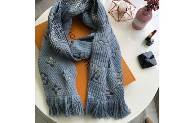 Replica Louis Vuitton M71839 LV Logomania Shine scarf Blue Wool and silk