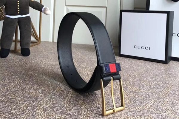 Replica Gucci 474811 4cm Leather belt with Red/Blue Web in Black leather