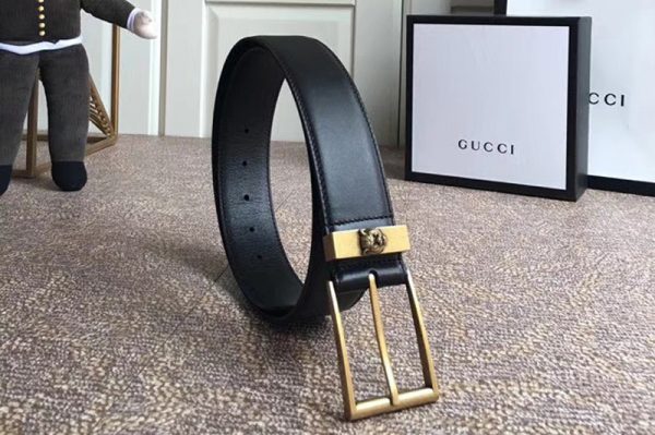 Replica Gucci 474811 4cm Leather belt Gold buckle in Black leather