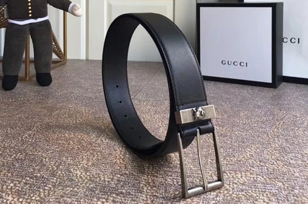 Replica Gucci 474811 4cm Leather belt Silver buckle in Black leather