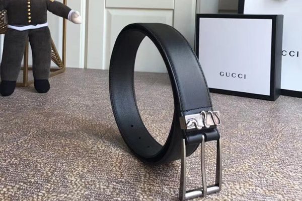 Replica Gucci 474811 4cm Leather belt Silver snake buckle in Black leather