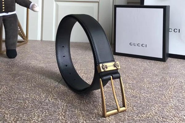 Replica Gucci 474811 4cm Leather belt Gold Bee buckle in Black leather