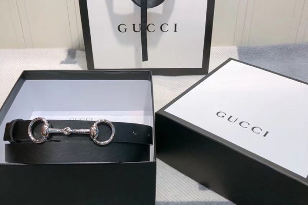 Replica Women's Gucci 230127 Leather belt 2cm Silver Buckle in Black Leather