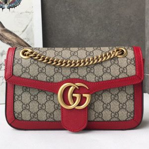 Replica Gucci 443497 GG Marmont small shoulder bag in Beige/ebony GG canvas with Red Leather