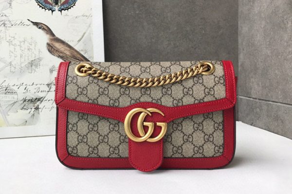 Replica Gucci 443497 GG Marmont small shoulder bag in Beige/ebony GG canvas with Red Leather