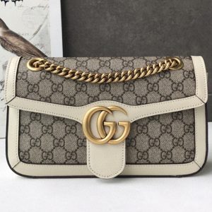 Replica Gucci 443497 GG Marmont small shoulder bag in Beige/ebony GG canvas with White Leather