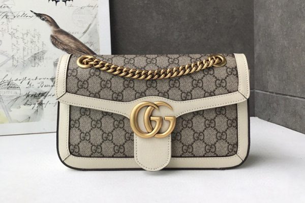 Replica Gucci 443497 GG Marmont small shoulder bag in Beige/ebony GG canvas with White Leather