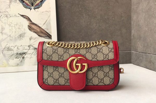 Replica Gucci 446744 GG Marmont mini bag in Beige/ebony GG canvas with Red Leather