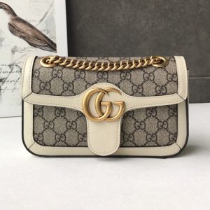 Replica Gucci 446744 GG Marmont mini bag in Beige/ebony GG canvas with White Leather