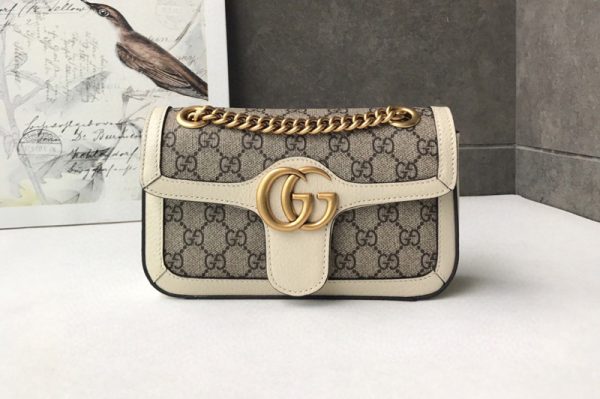 Replica Gucci 446744 GG Marmont mini bag in Beige/ebony GG canvas with White Leather