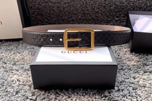 Replica Men's Gucci 449716 40mm Gucci Signature belt with Gold GG Buckle in Black Signature leather