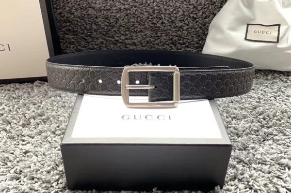 Replica Men's Gucci 449716 40mm Gucci Signature belt with Silver GG Buckle in Black Signature leather