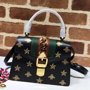 Replica Gucci 470270 Sylvie Bee Star mini leather bag In Black Leather