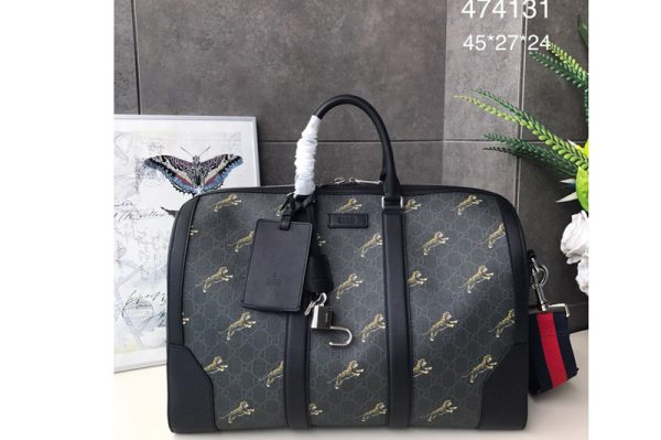 Replica Gucci 474131 GG Black carry-on duffle Bags with Tiger Print Black/grey soft GG Supreme