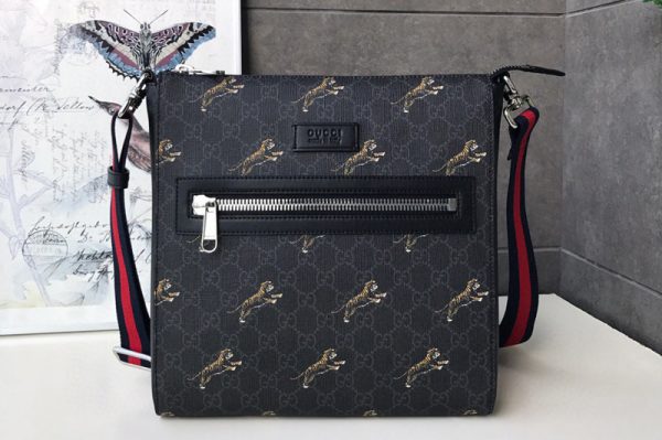 Replica Gucci 474137 Bestiary messenger Bags with tigers Black/grey GG Supreme canvas