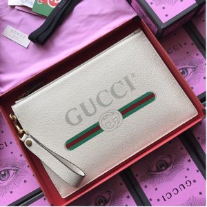 Replica Gucci 495011 Print leather pouch with Gucci vintage logo in White Leather