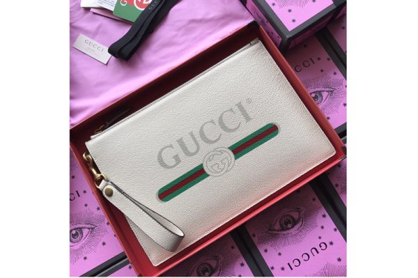 Replica Gucci 495011 Print leather pouch with Gucci vintage logo in White Leather