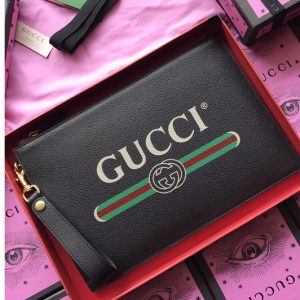 Replica Gucci 495011 Print leather pouch with Gucci vintage logo in Black Leather