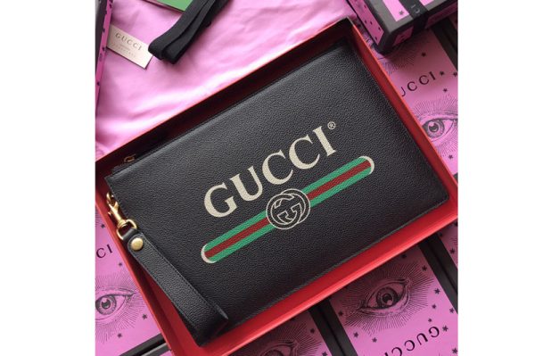 Replica Gucci 495011 Print leather pouch with Gucci vintage logo in Black Leather