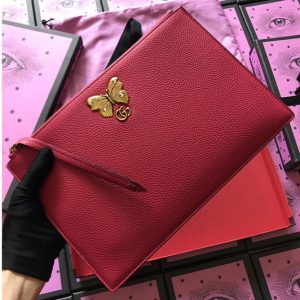 Replica Gucci 499360 Embroidered leather pouch With Butterfly in Red Leather