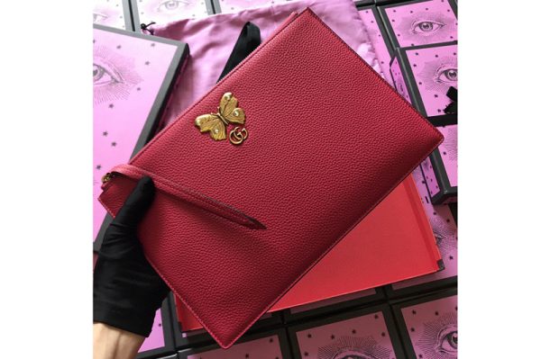 Replica Gucci 499360 Embroidered leather pouch With Butterfly in Red Leather