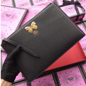 Replica Gucci 499360 Embroidered leather pouch With Butterfly in Black Leather