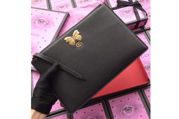 Replica Gucci 499360 Embroidered leather pouch With Butterfly in Black Leather