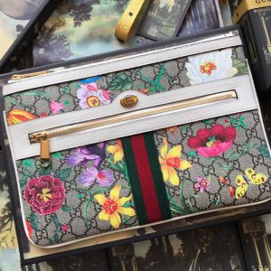 Replica Gucci 517551 Ophidia GG Flora pouch in Beige/ebony GG Supreme canvas With White Leather