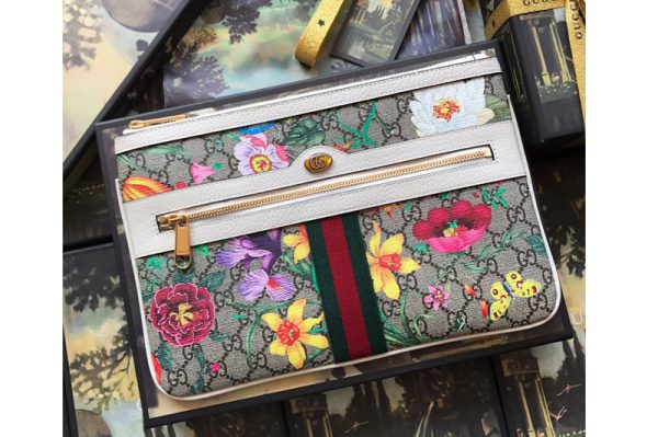 Replica Gucci 517551 Ophidia GG Flora pouch in Beige/ebony GG Supreme canvas With White Leather