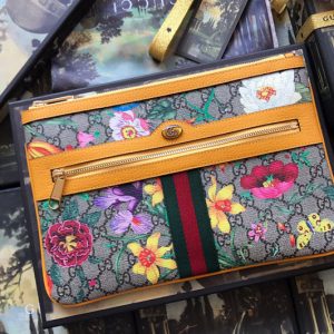 Replica Gucci 517551 Ophidia GG Flora pouch in Beige/ebony GG Supreme canvas With Yellow Leather