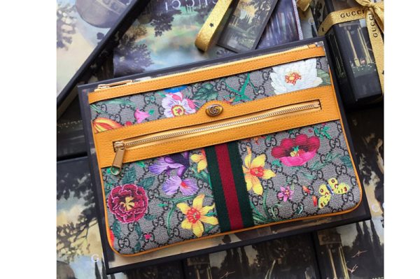 Replica Gucci 517551 Ophidia GG Flora pouch in Beige/ebony GG Supreme canvas With Yellow Leather