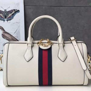 Replica Gucci 524532 Ophidia medium top handle bag in White Leather With Web